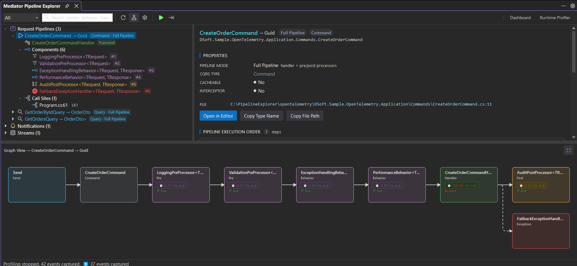 Interactive pipeline graph with per-node timings